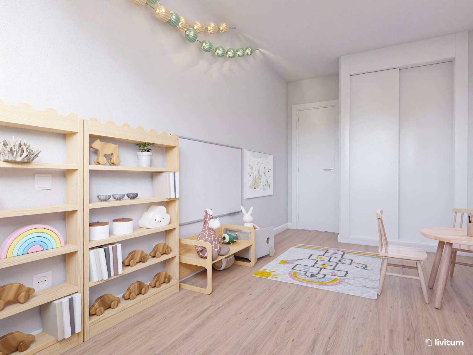 Habitación infantil con cama nido de madera en forma de casita
