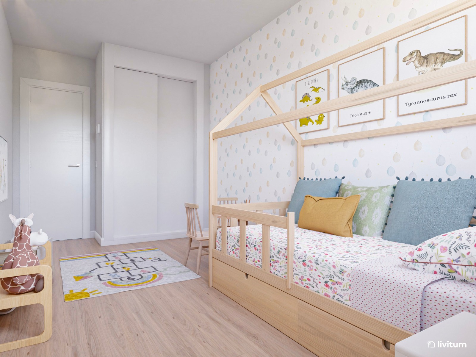 Habitación infantil con cama nido de madera en forma de casita