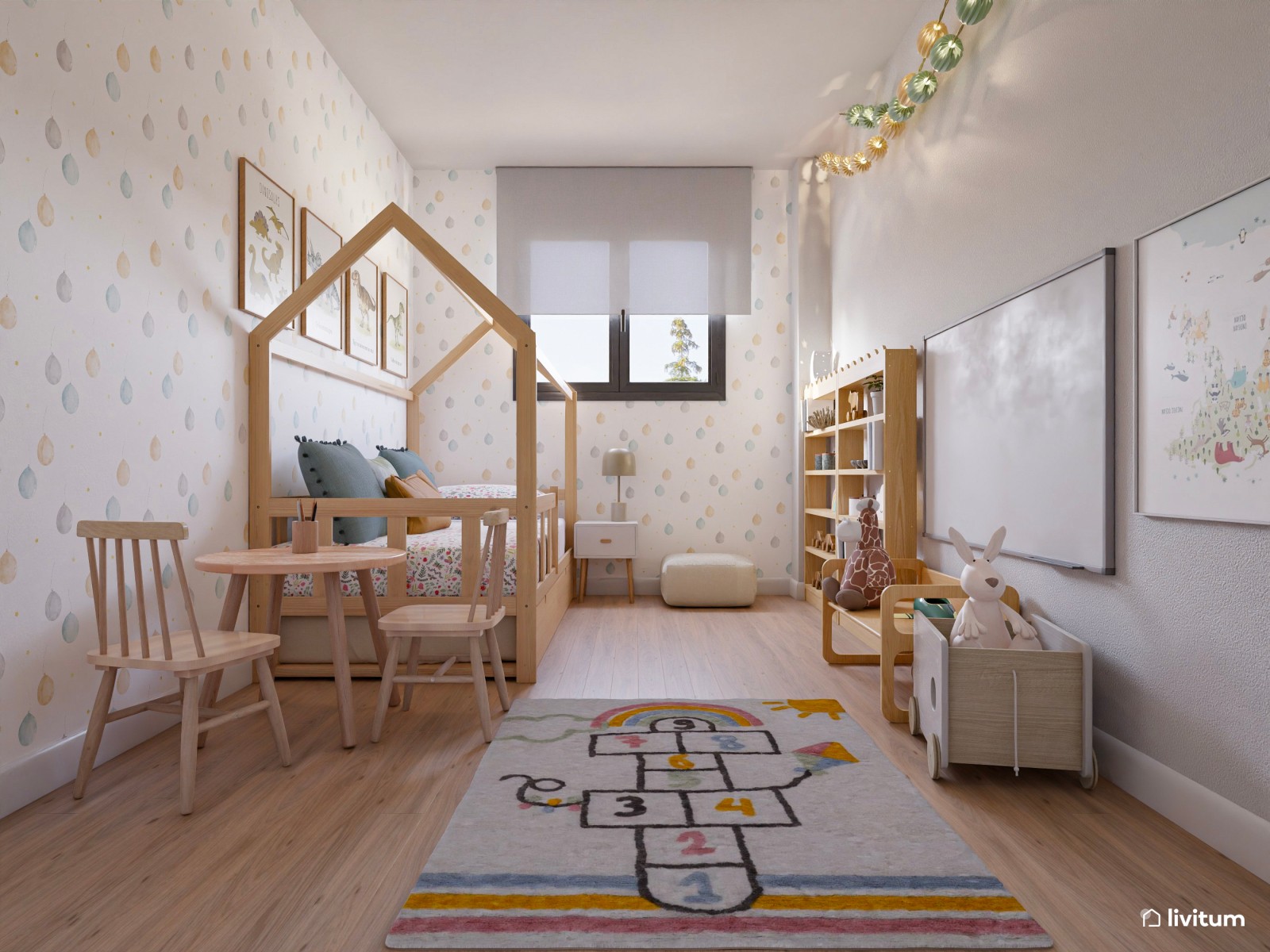 Habitación infantil con cama nido de madera en forma de casita