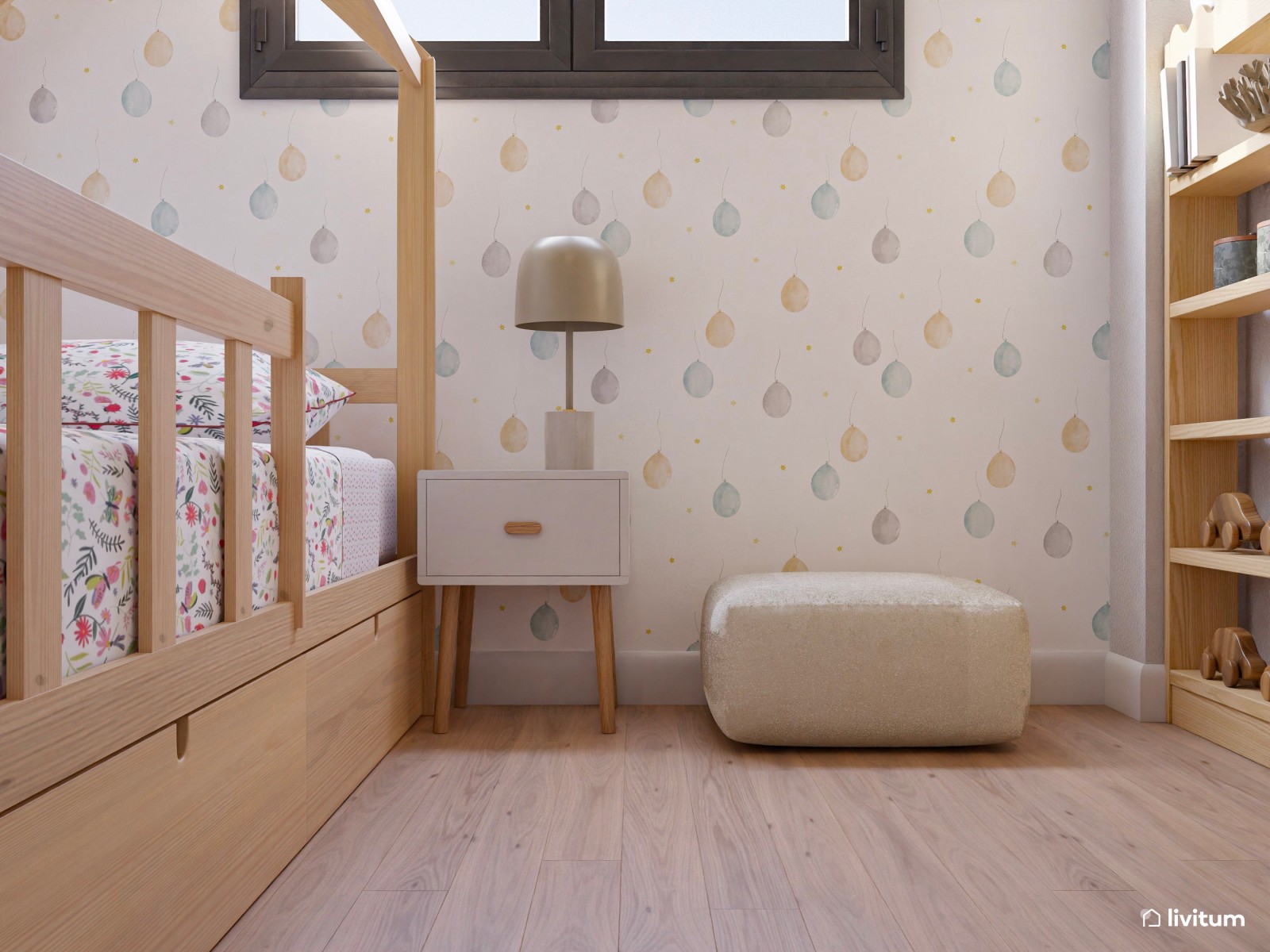 Habitación infantil con cama nido de madera en forma de casita