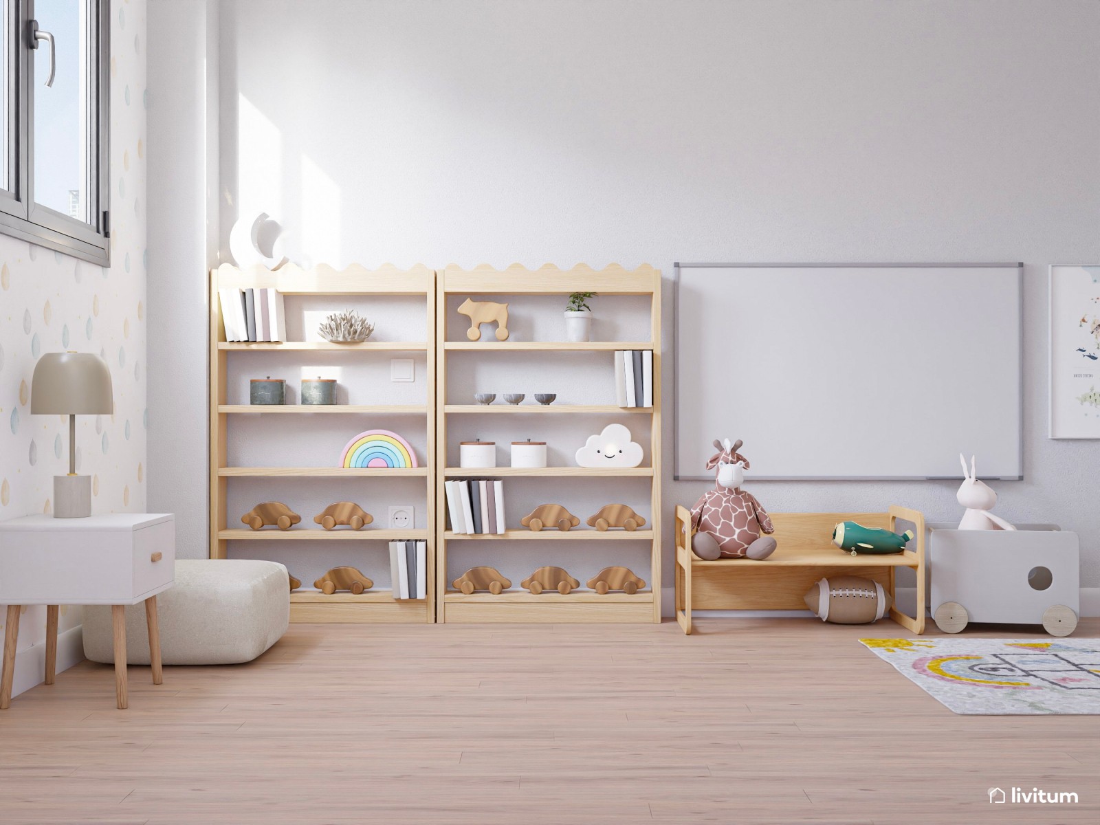 Habitación infantil con cama nido de madera en forma de casita