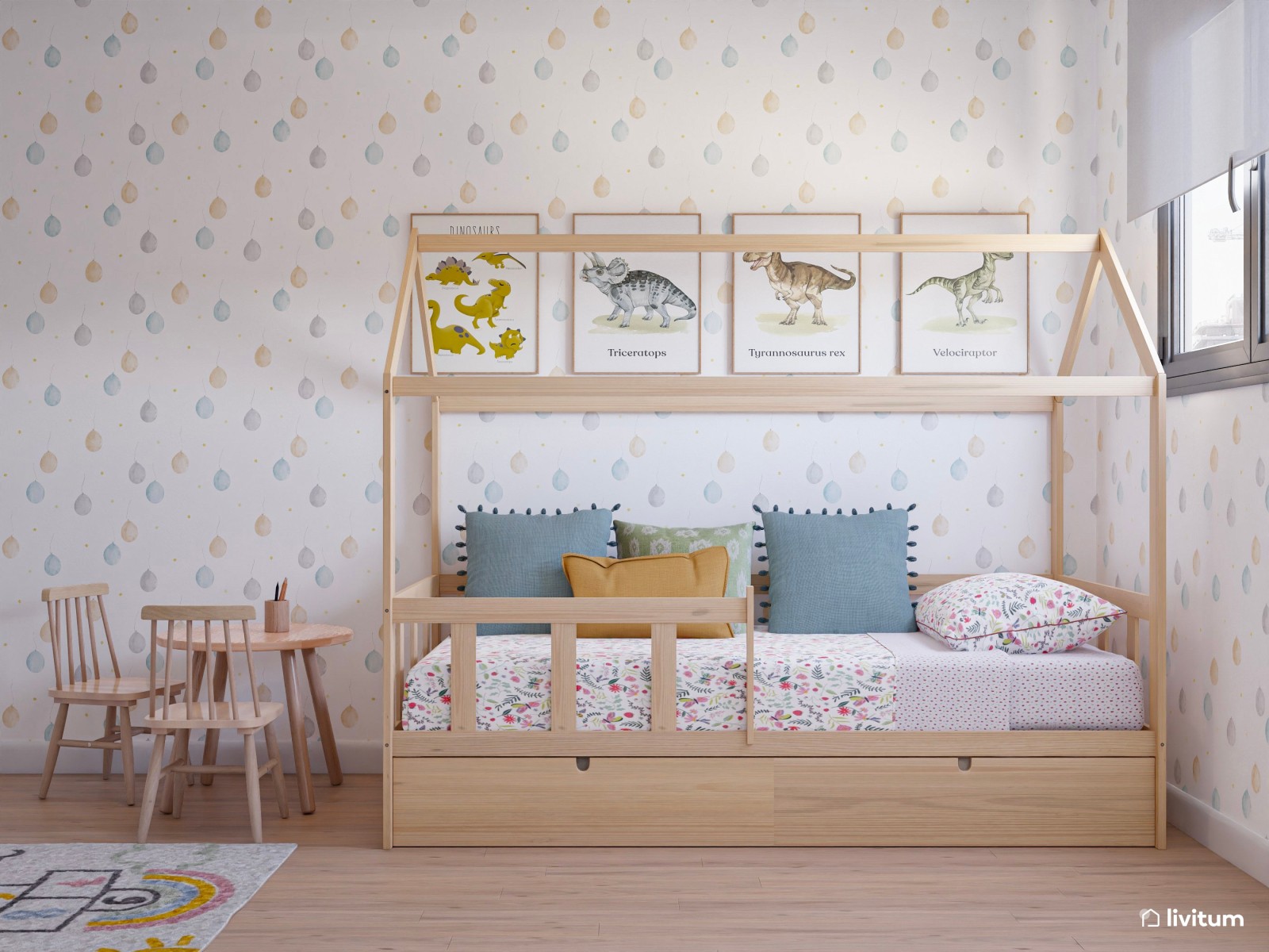 Habitación infantil con cama nido de madera en forma de casita