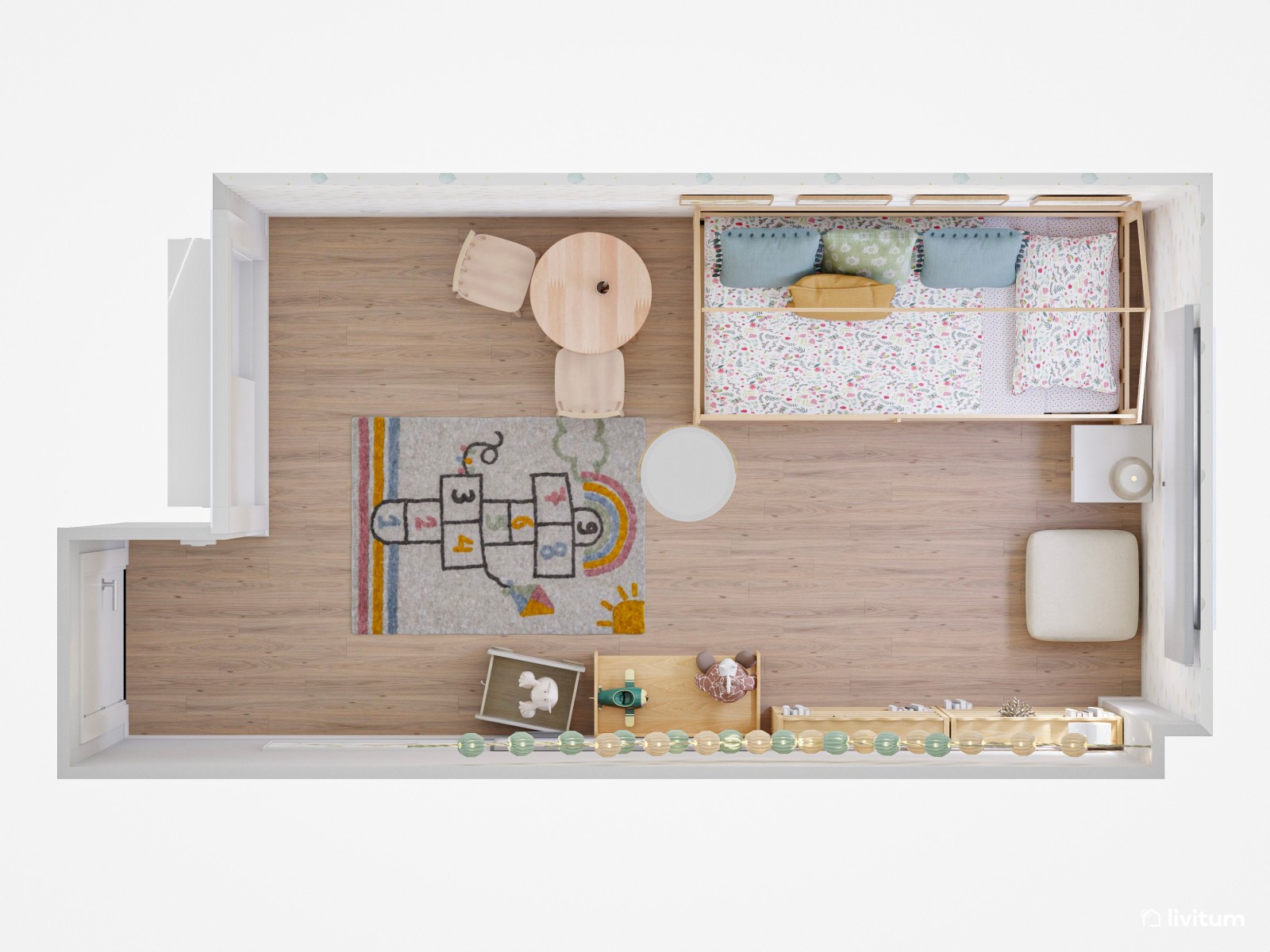Habitación infantil con cama nido de madera en forma de casita