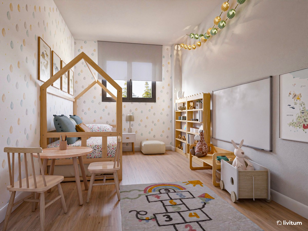 Habitación infantil con cama nido de madera en forma de casita
