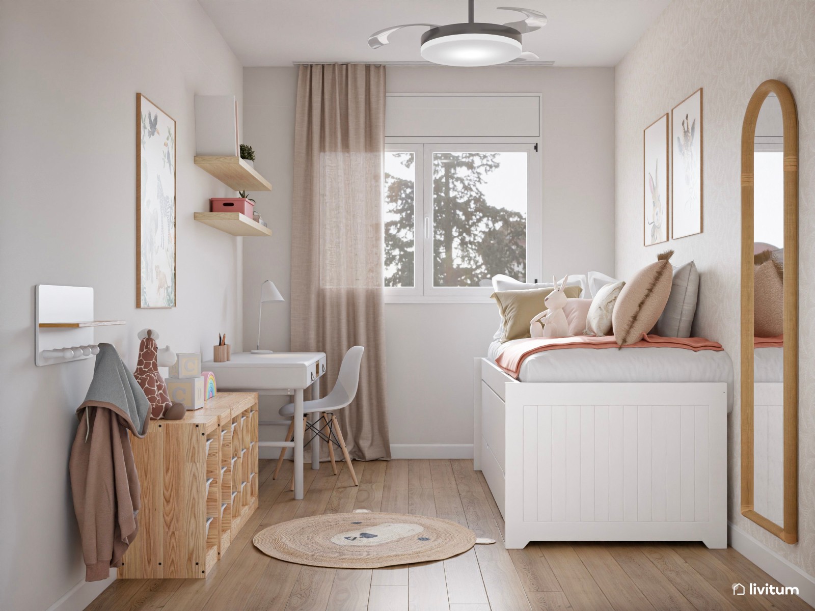 Habitación infantil con cama nido en blanco y detalles en rosa