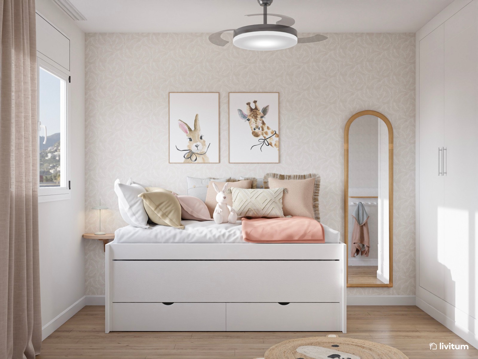 Habitación infantil con cama nido en blanco y detalles en rosa