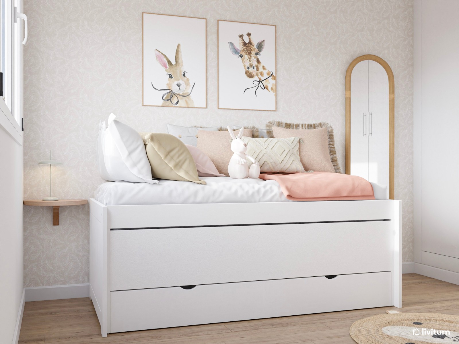 Habitación infantil con cama nido en blanco y detalles en rosa