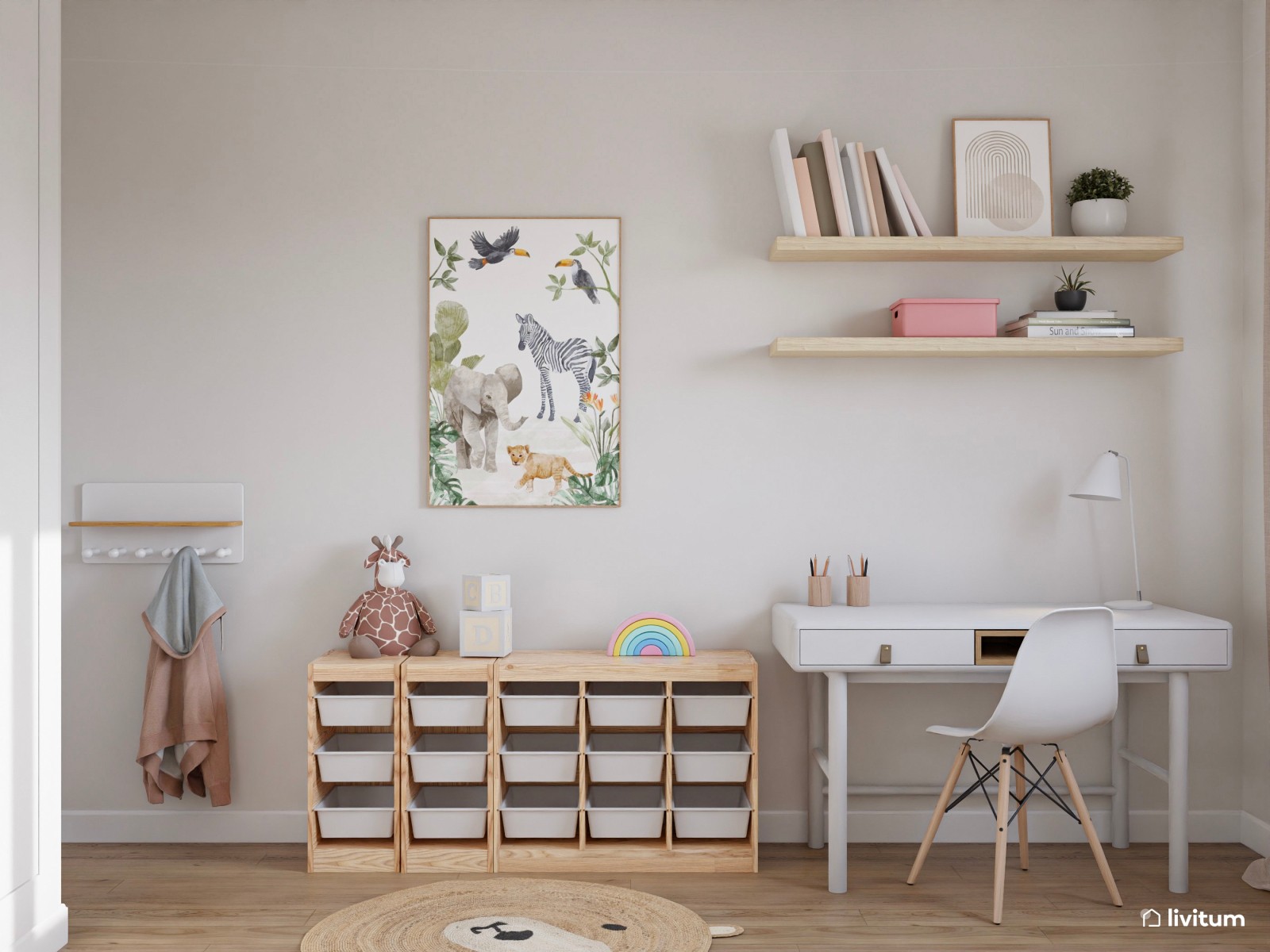 Habitación infantil con cama nido en blanco y detalles en rosa