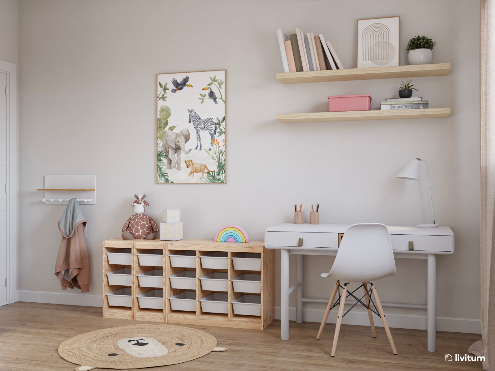Habitación infantil con cama nido en blanco y detalles en rosa