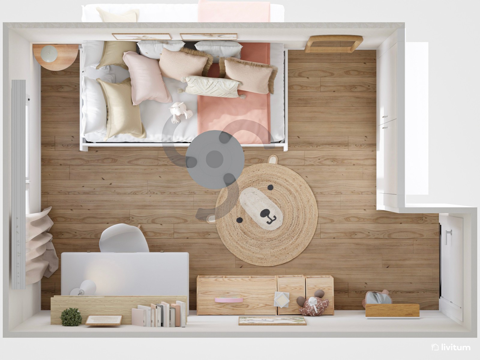 Habitación infantil con cama nido en blanco y detalles en rosa