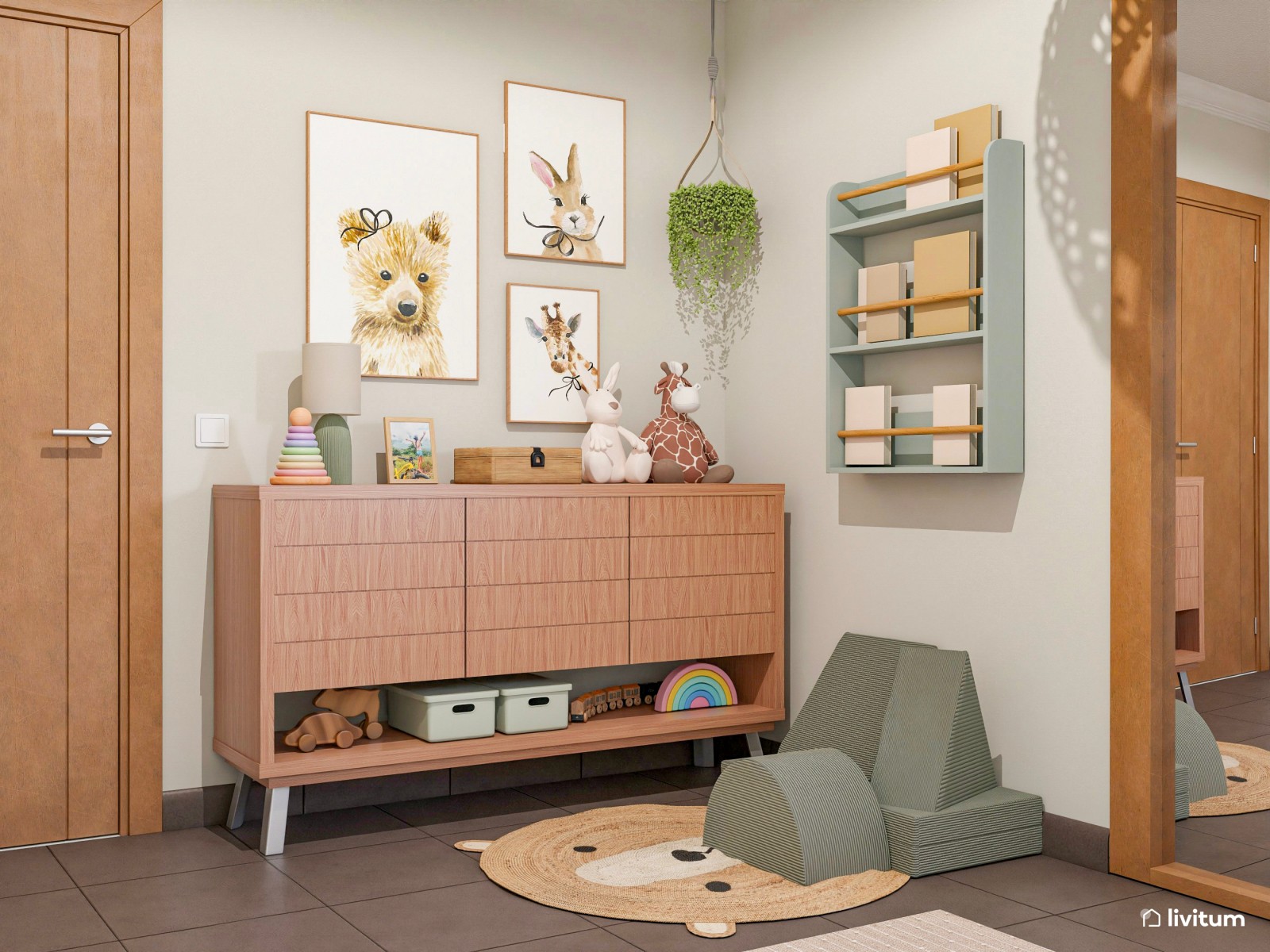 Habitación infantil con cama nido en rosa, verde y amarillo