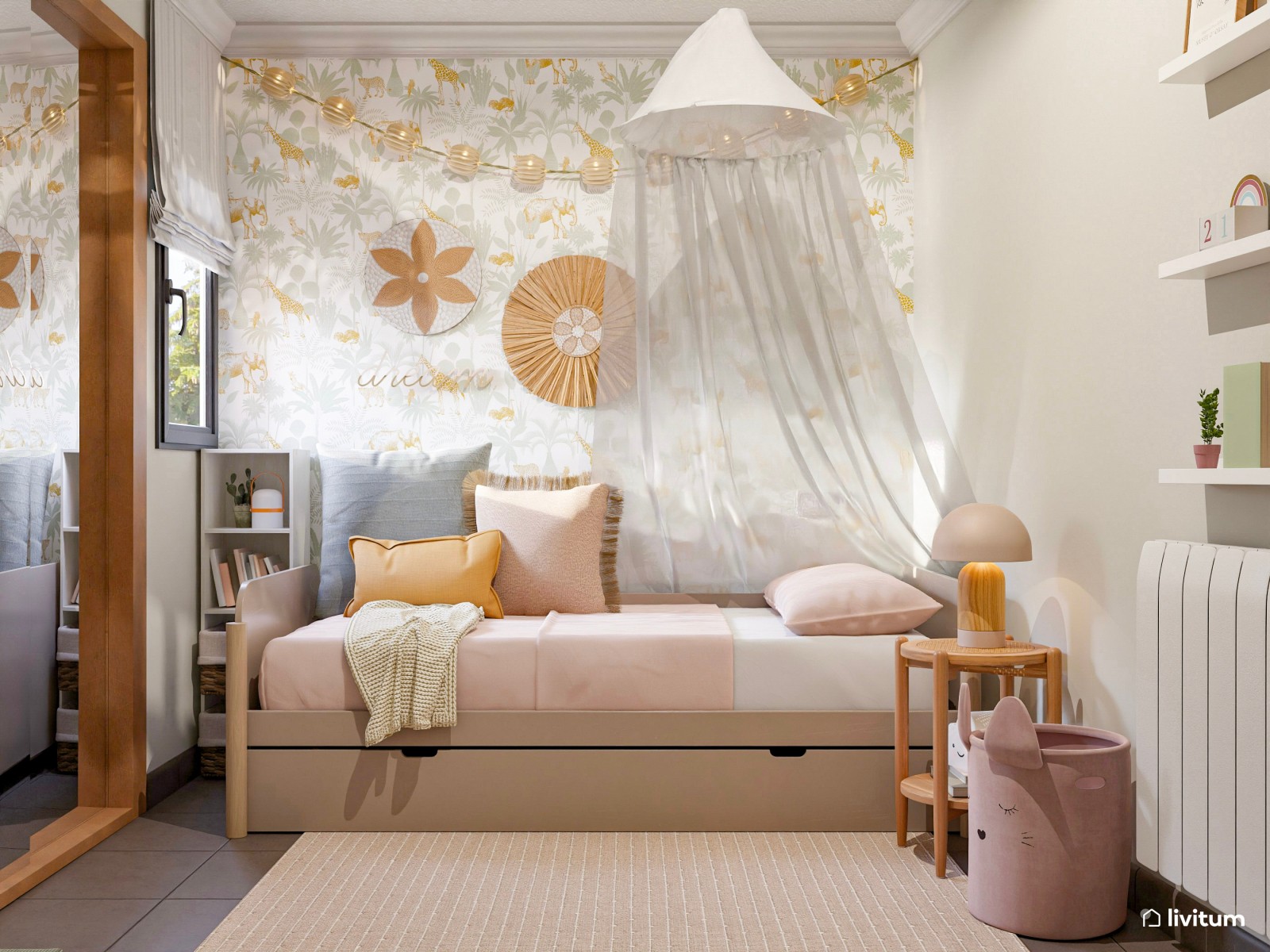 Habitación infantil con cama nido en rosa, verde y amarillo
