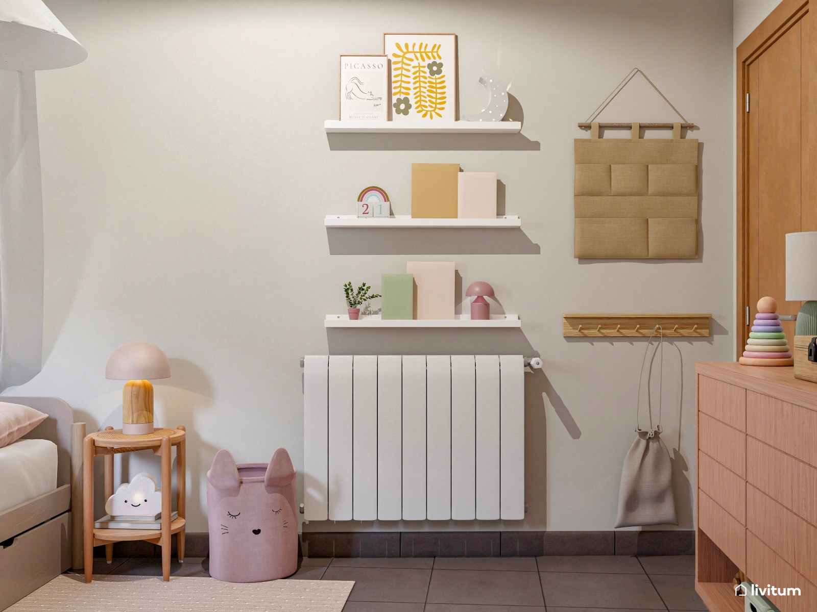 Habitación infantil con cama nido en rosa, verde y amarillo
