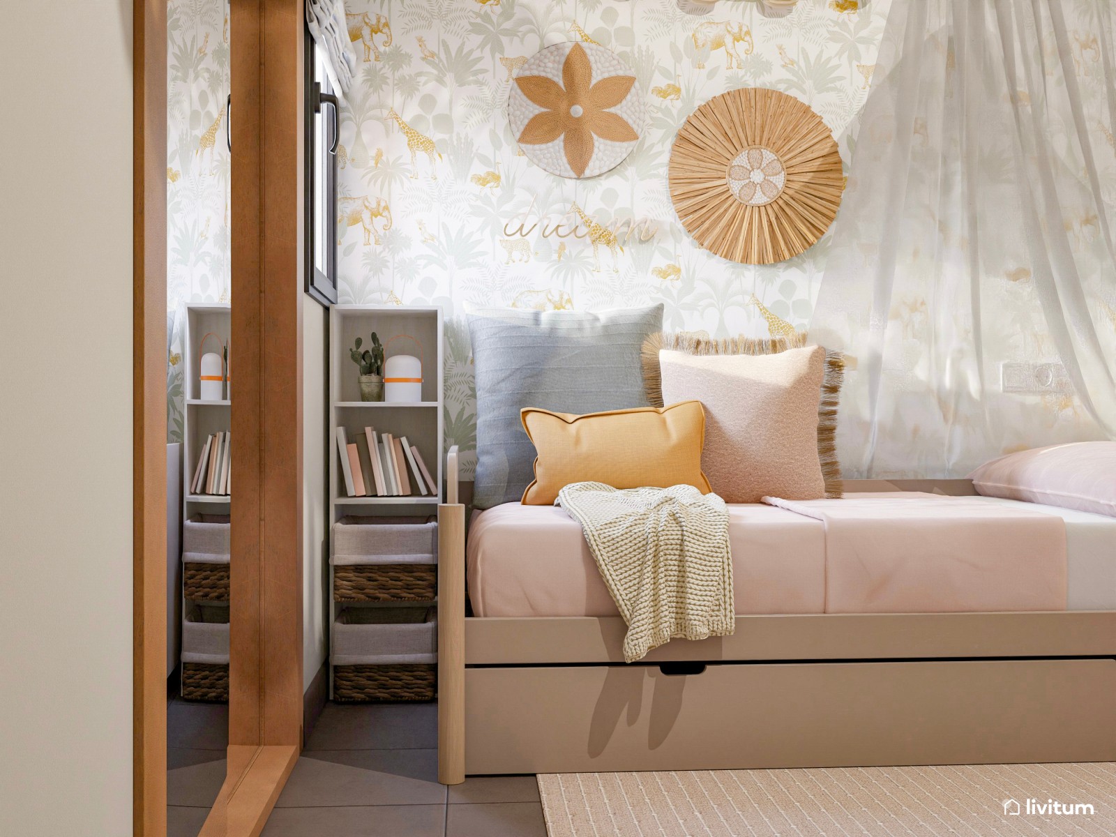 Habitación infantil con cama nido en rosa, verde y amarillo