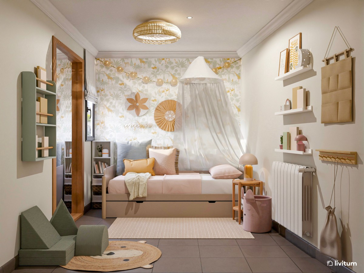 Habitación infantil con cama nido en rosa, verde y amarillo