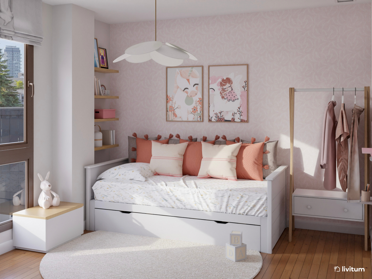 Habitación infantil con cama nido en rosa y blanco