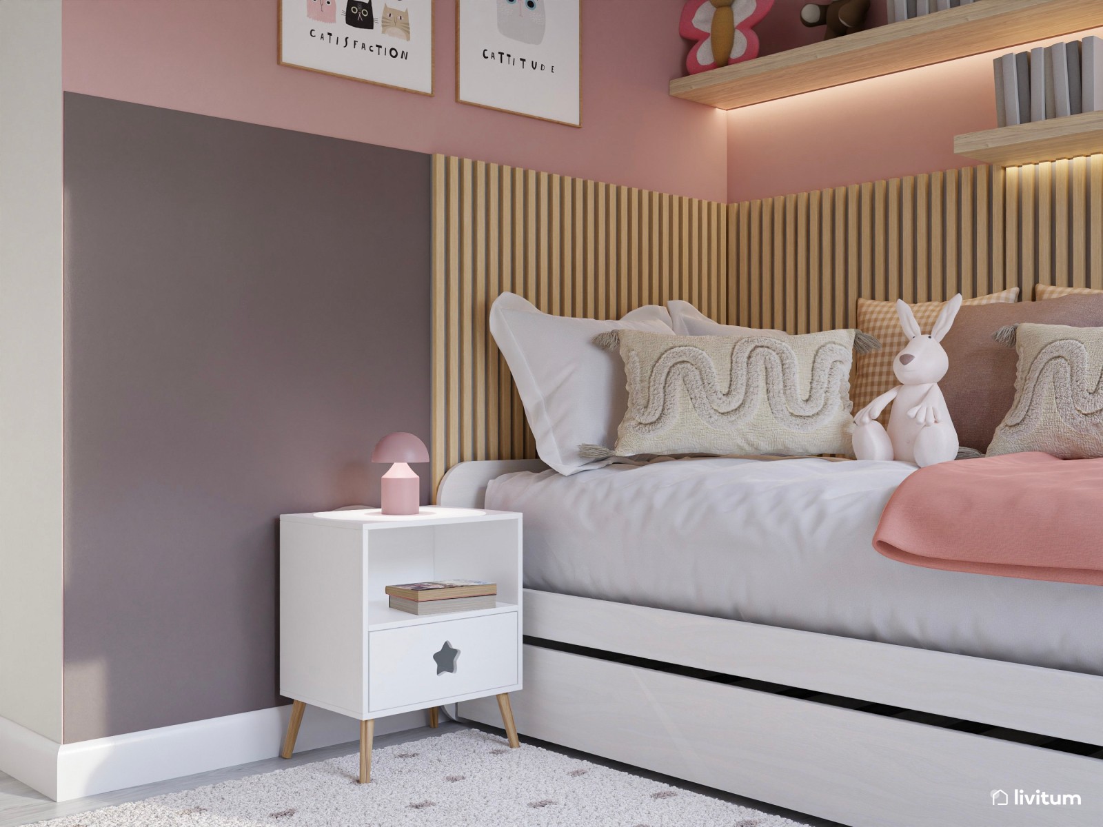 Habitación infantil con cama nido, paneles de madera y color rosa 