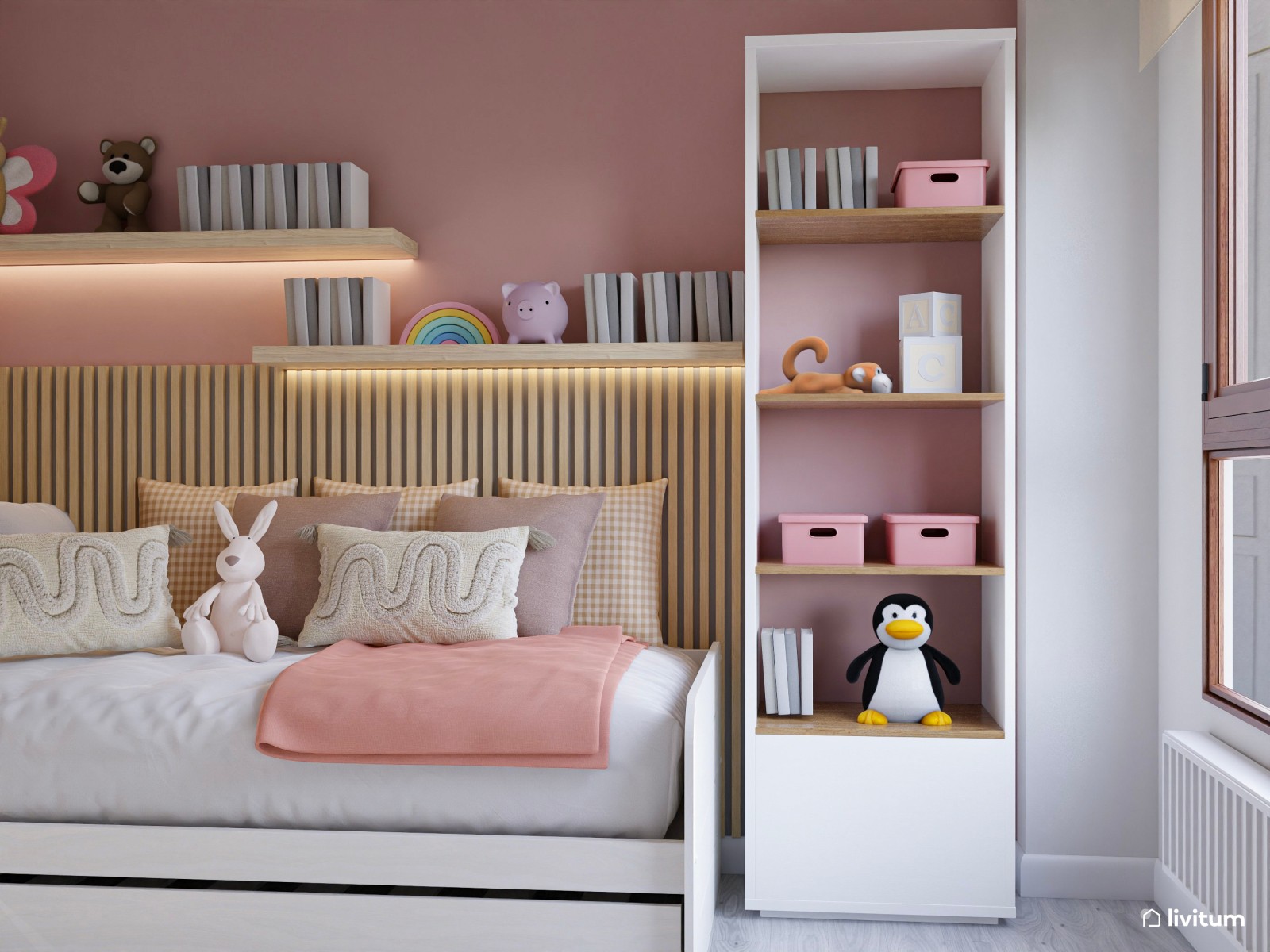 Habitación infantil con cama nido, paneles de madera y color rosa 