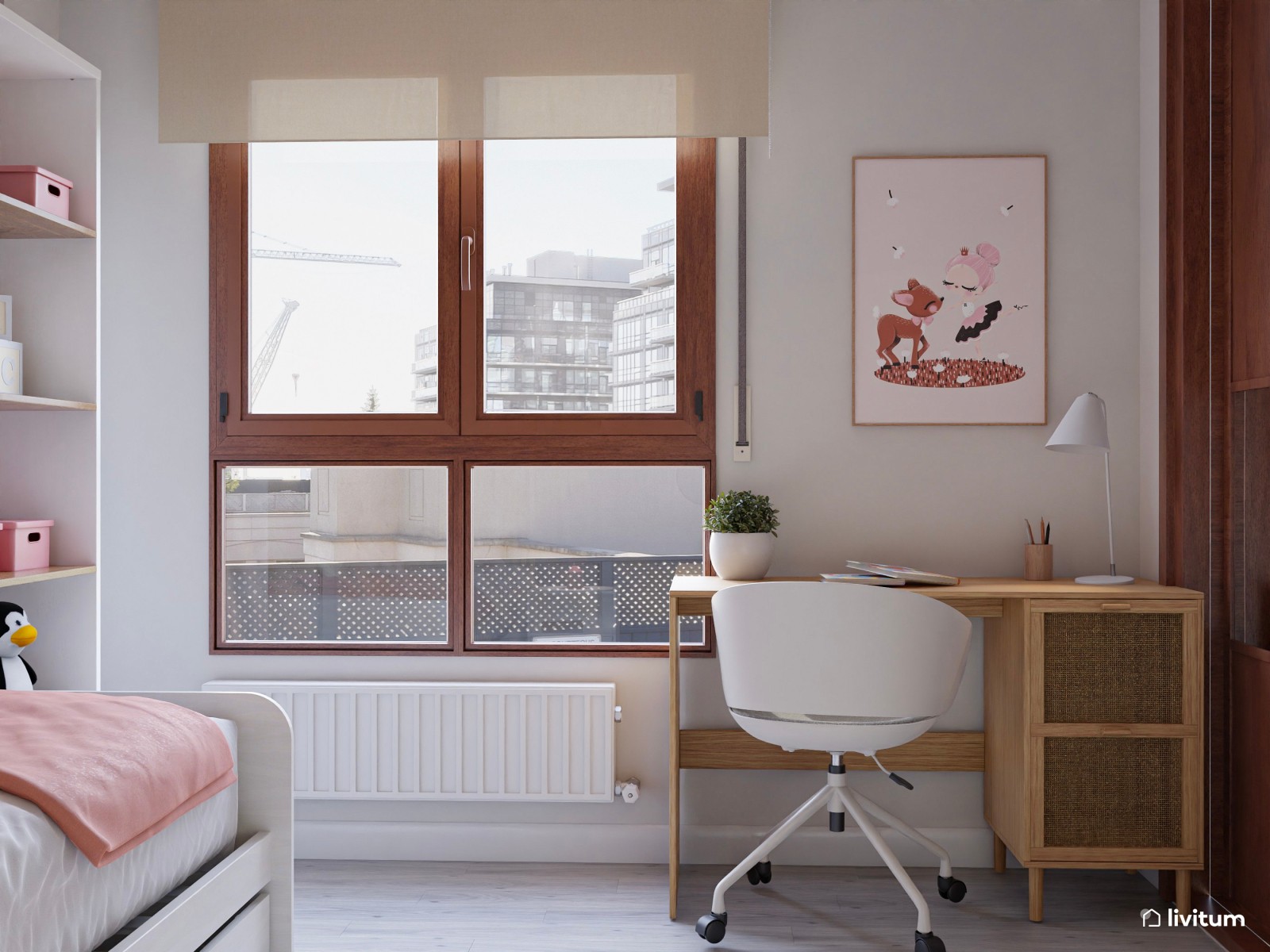 Habitación infantil con cama nido, paneles de madera y color rosa 
