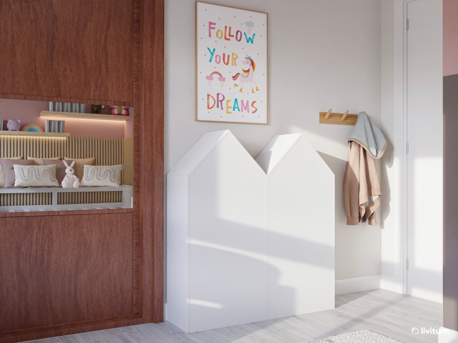 Habitación infantil con cama nido, paneles de madera y color rosa 
