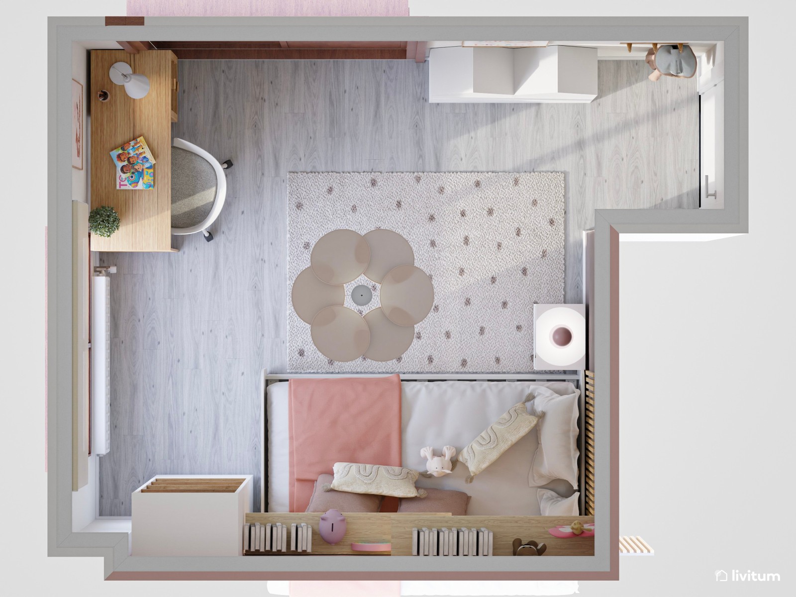 Habitación infantil con cama nido, paneles de madera y color rosa 
