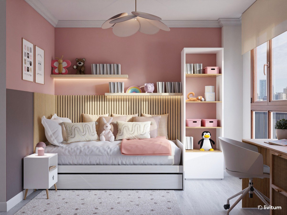 Habitación infantil con cama nido, paneles de madera y color rosa