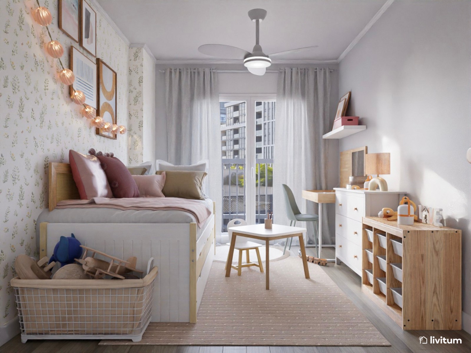 Habitación infantil con cama nido y detalles en rosa 