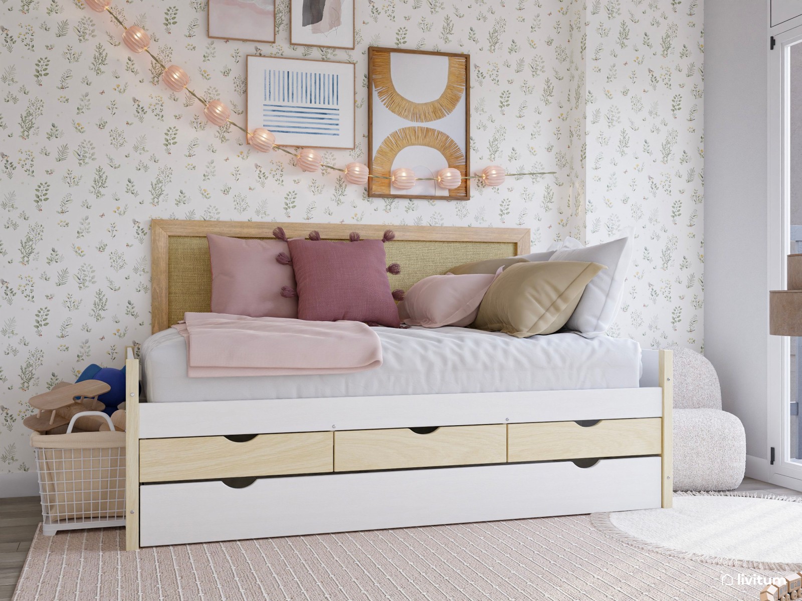 Habitación infantil con cama nido y detalles en rosa 