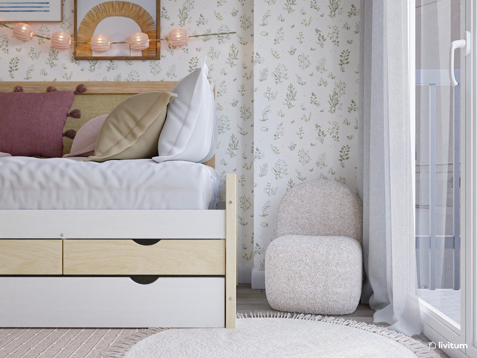 Habitación infantil con cama nido y detalles en rosa 