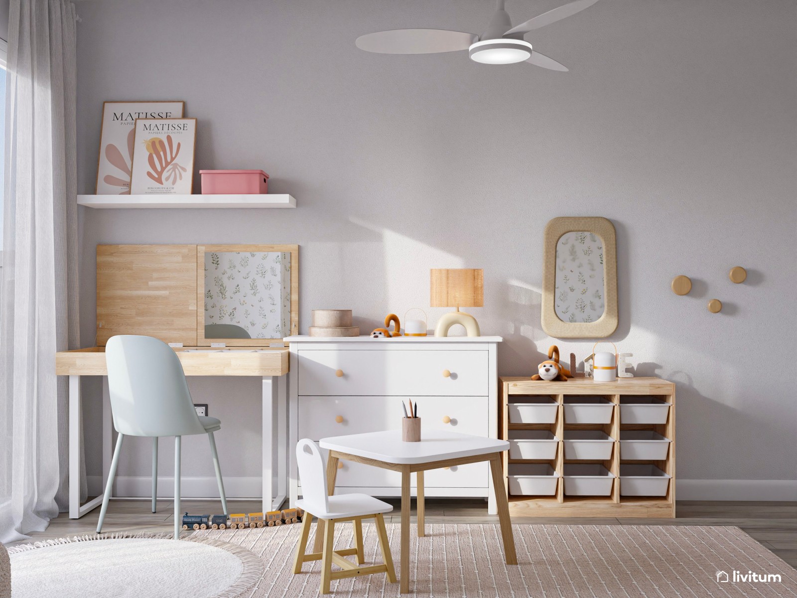 Habitación infantil con cama nido y detalles en rosa 