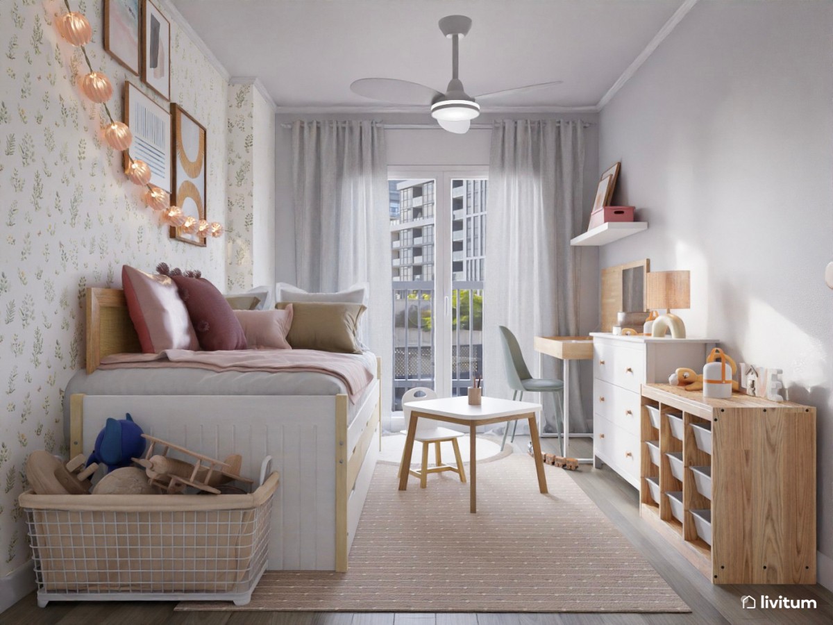 Habitación infantil con cama nido y detalles en rosa