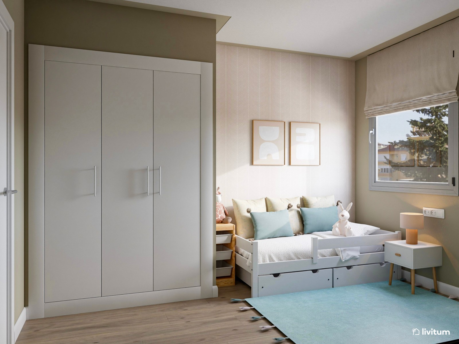 Habitación infantil con cama nido y divertido escritorio en azul aguamarina