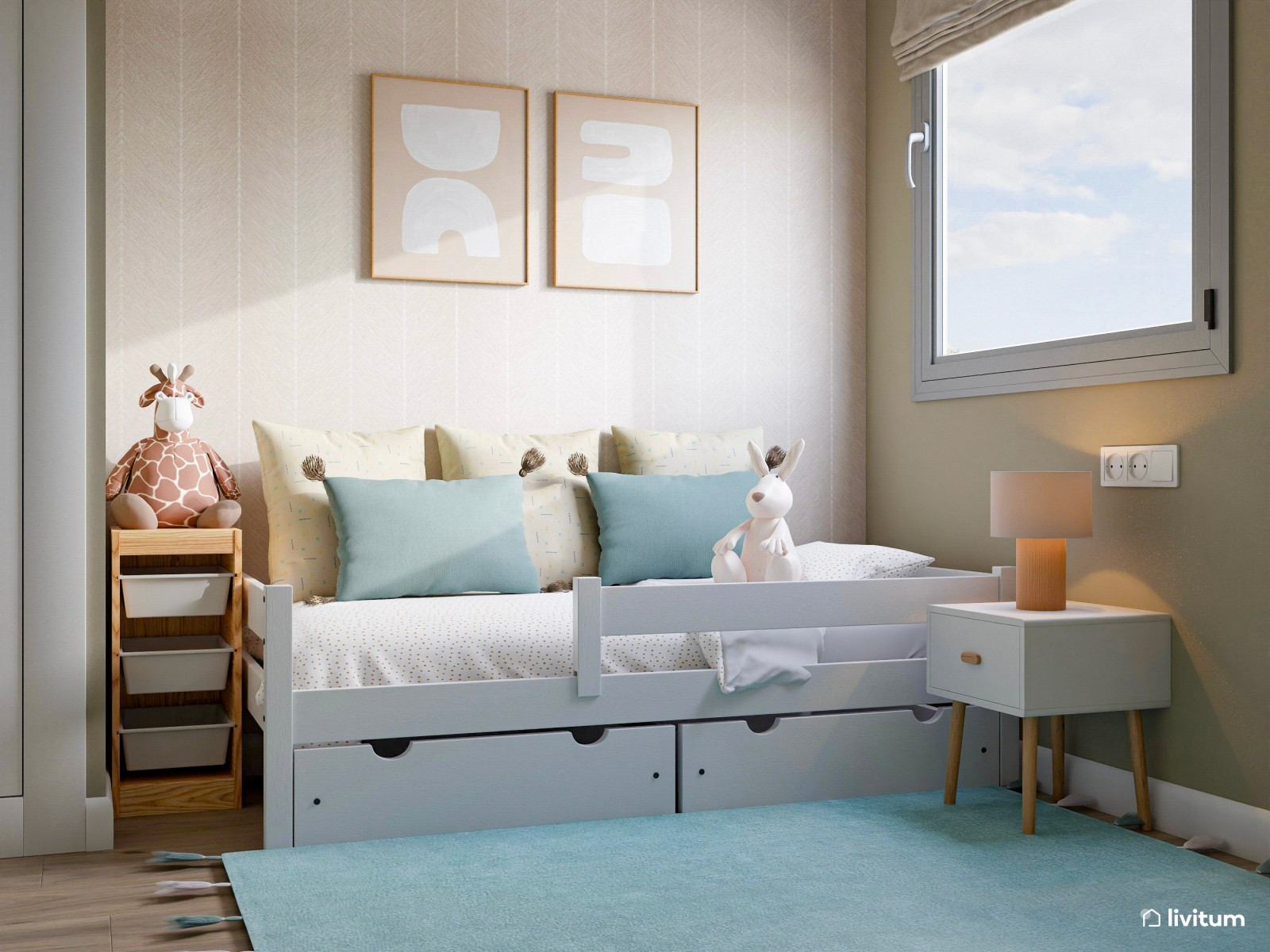 Habitación infantil con cama nido y divertido escritorio en azul aguamarina