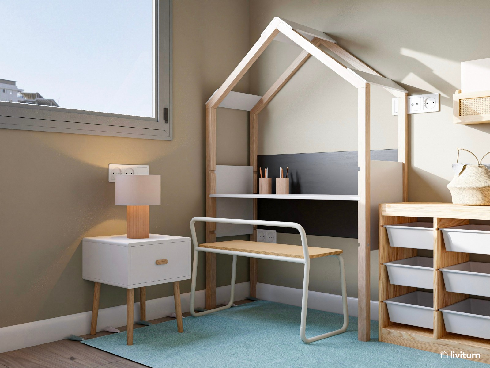 Habitación infantil con cama nido y divertido escritorio en azul aguamarina