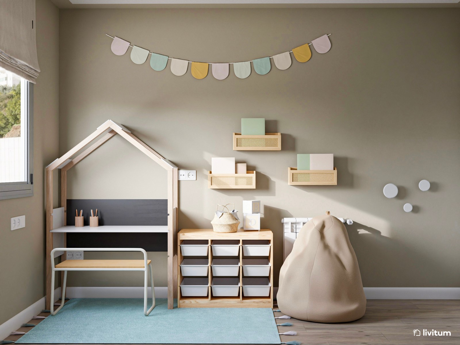 Habitación infantil con cama nido y divertido escritorio en azul aguamarina