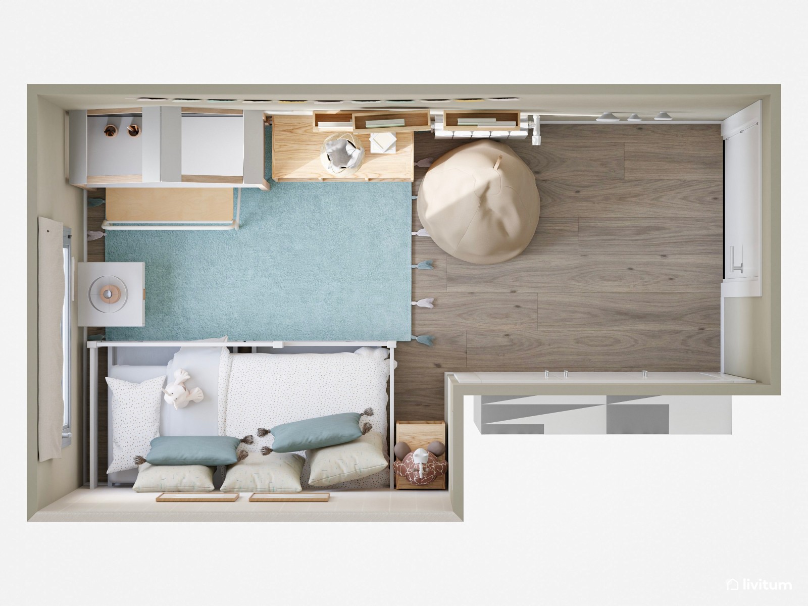 Habitación infantil con cama nido y divertido escritorio en azul aguamarina