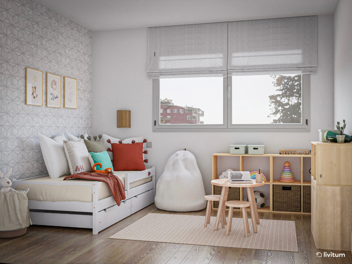 Habitación infantil con cama nido y papel pintado