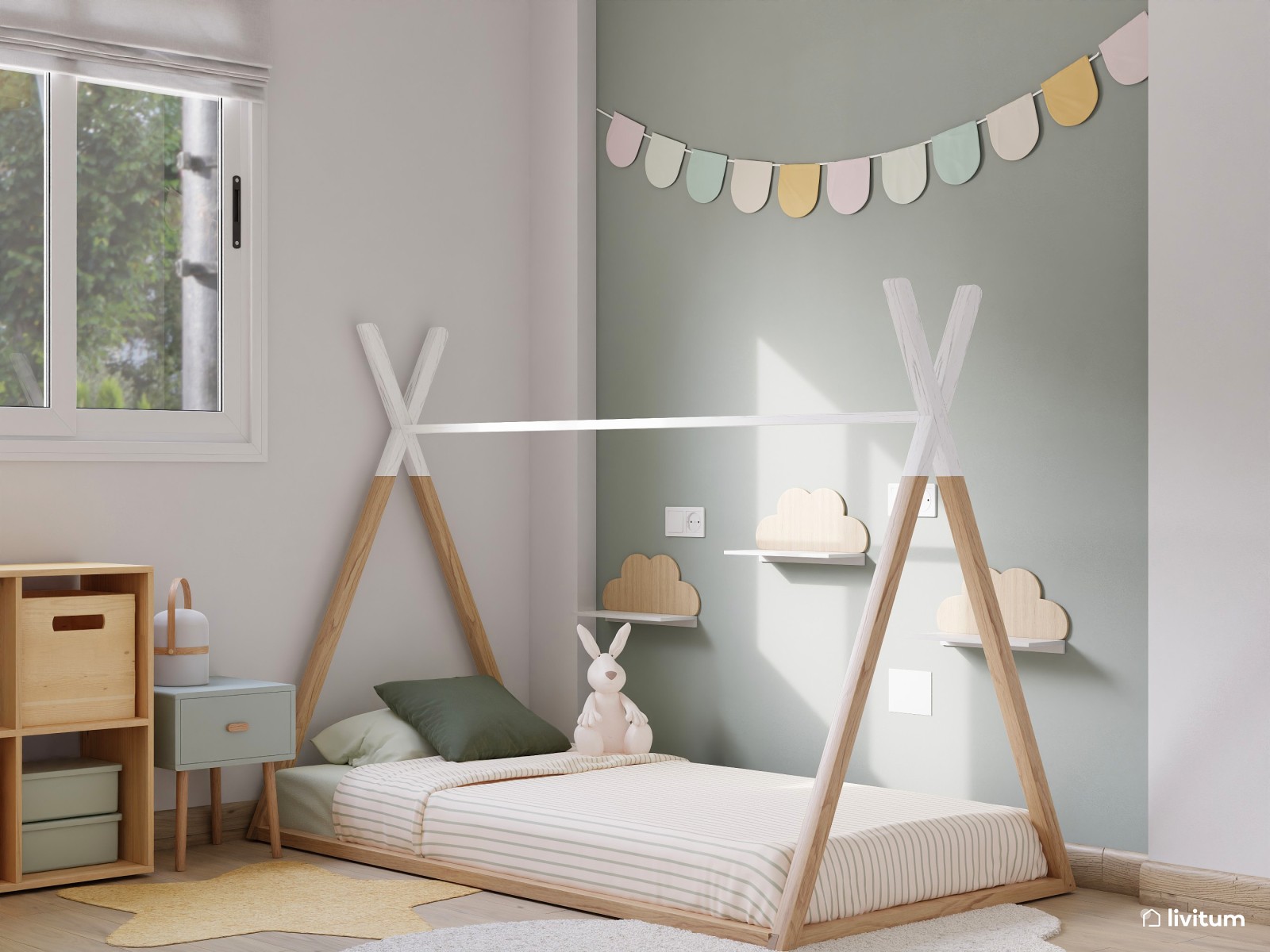 Habitación infantil con cama tipi y muebles modulares 