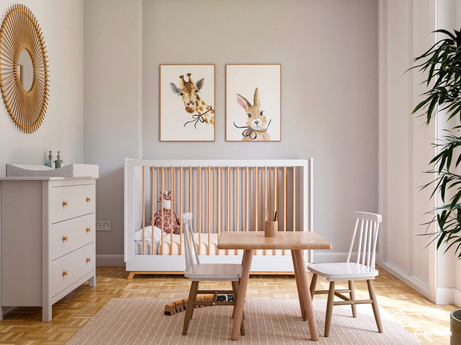 Habitación infantil con cuna y decoración natural