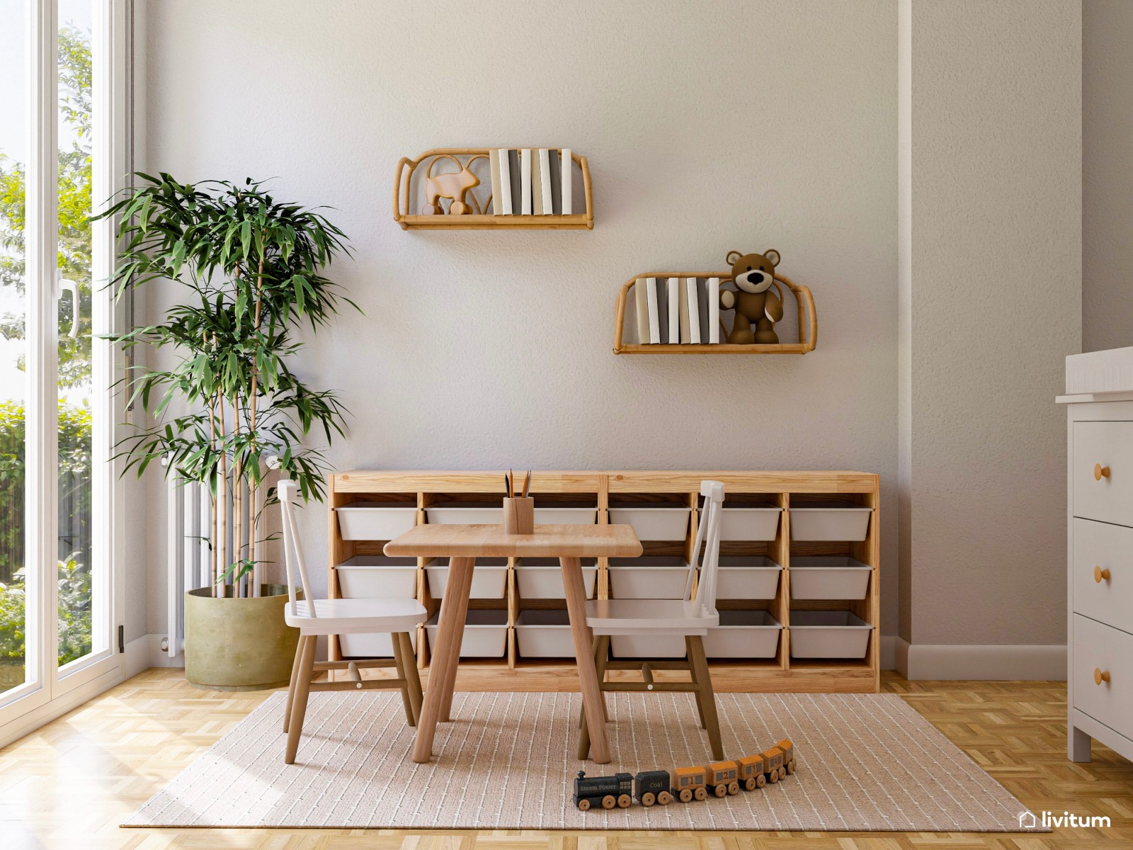 Habitación infantil con cuna y decoración natural