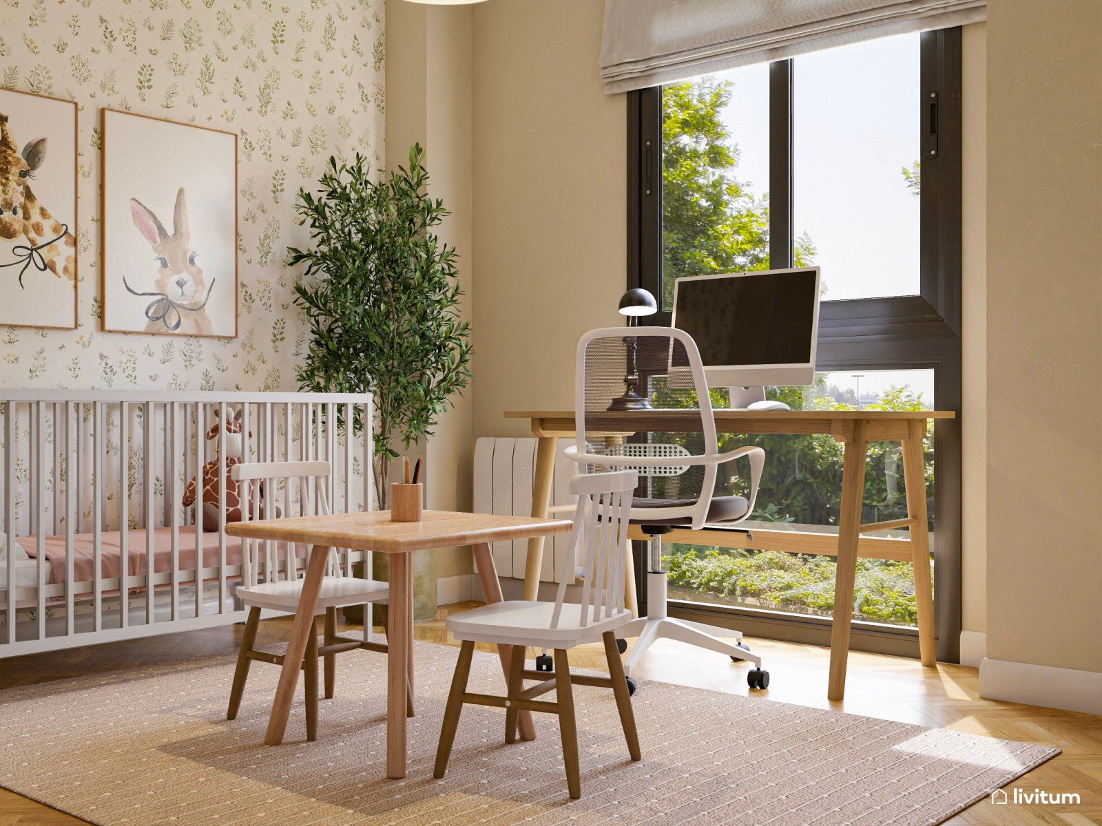  Habitación infantil con cuna, zona de juegos y espacio de trabajo