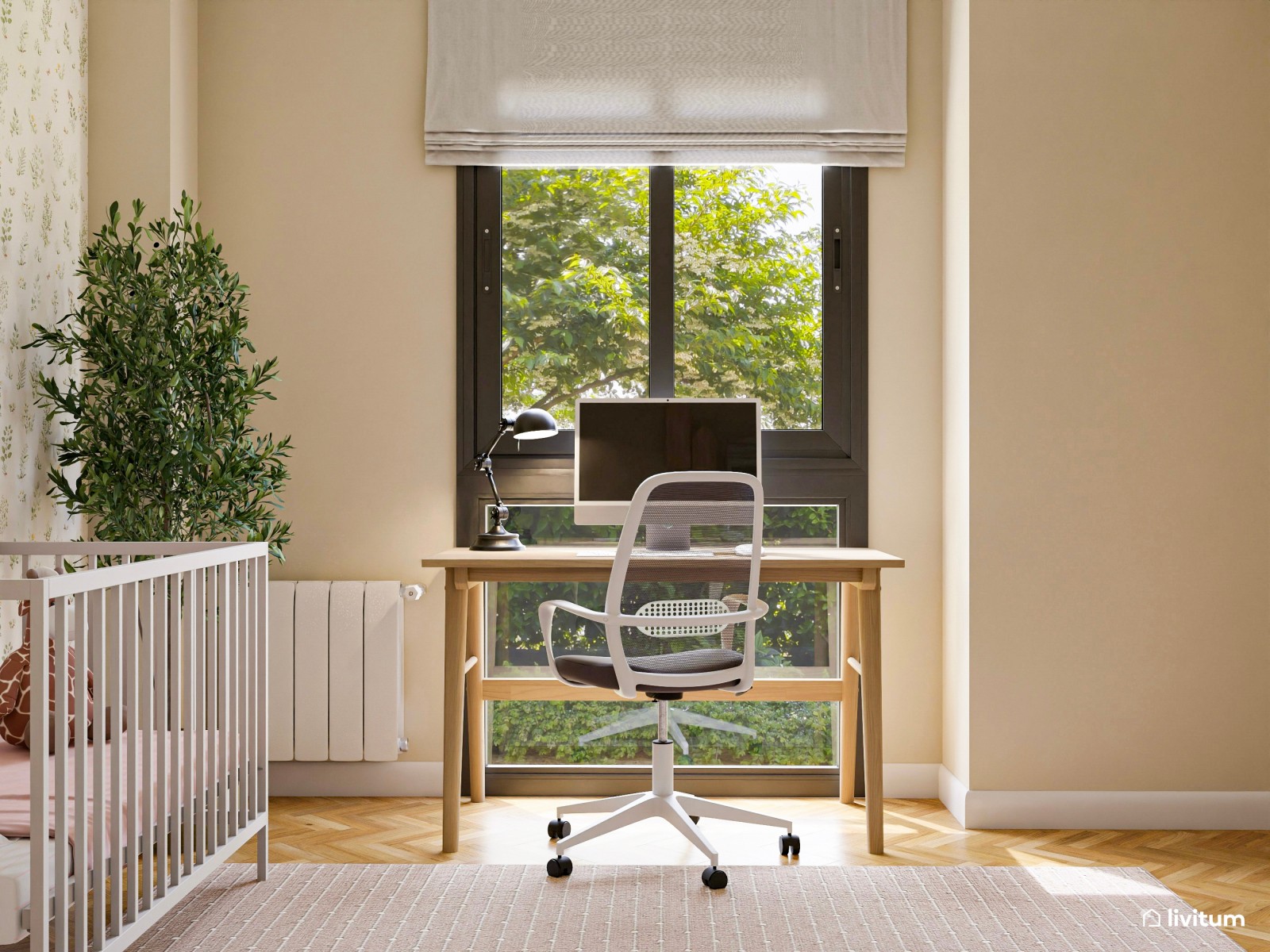 Habitación infantil con cuna, zona de juegos y espacio de trabajo