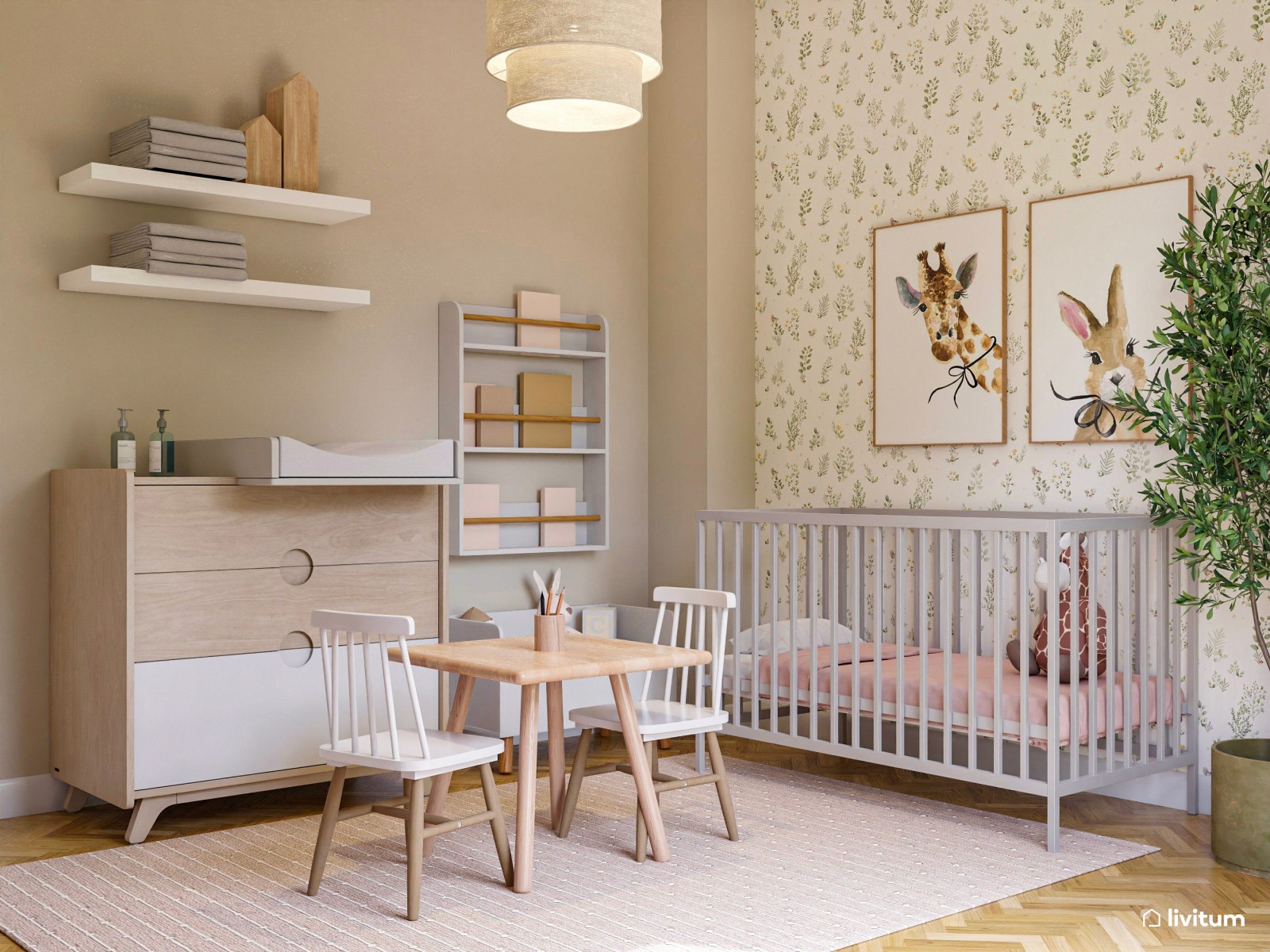  Habitación infantil con cuna, zona de juegos y espacio de trabajo