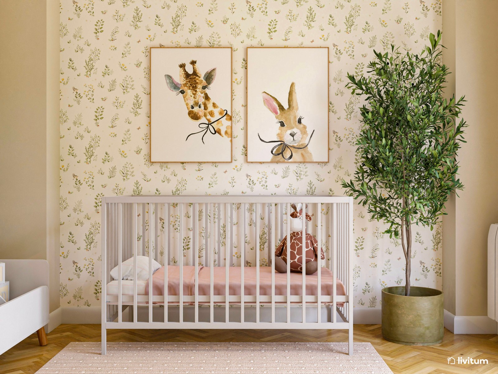  Habitación infantil con cuna, zona de juegos y espacio de trabajo
