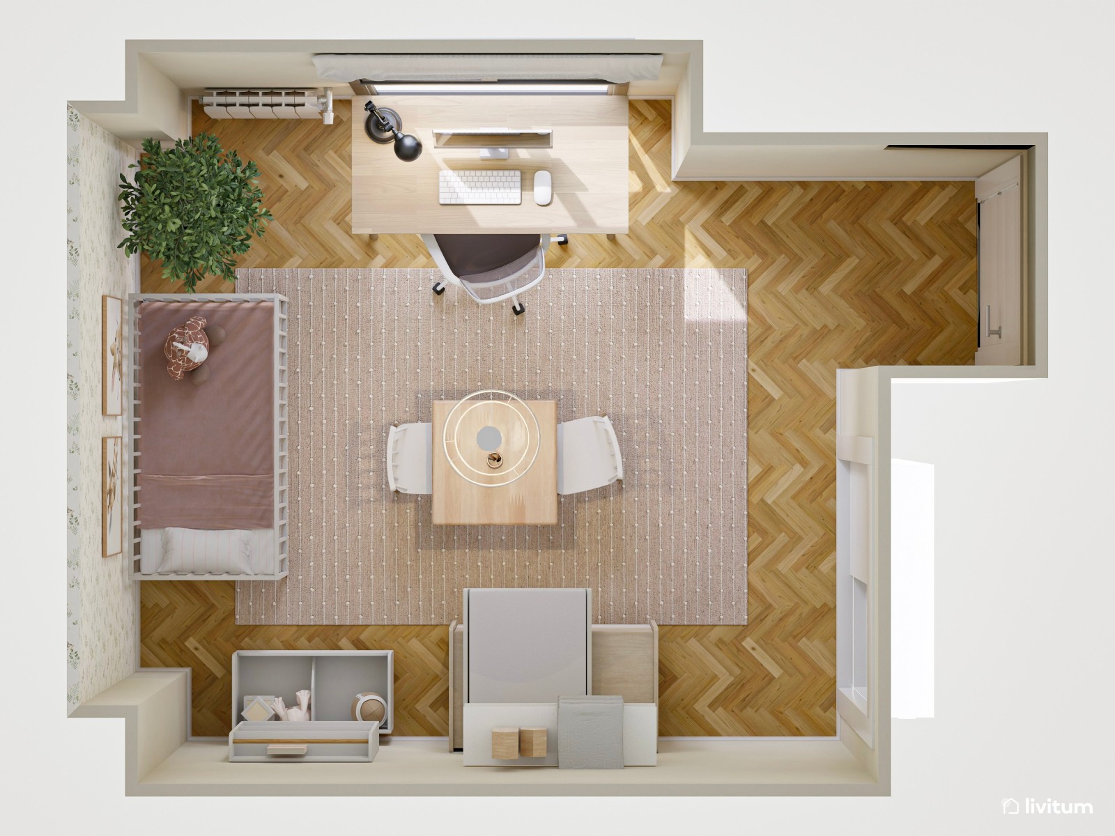  Habitación infantil con cuna, zona de juegos y espacio de trabajo