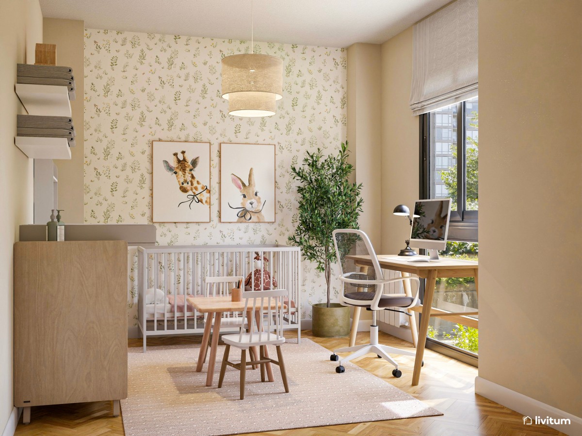 Habitación infantil con cuna, zona de juegos y espacio de trabajo