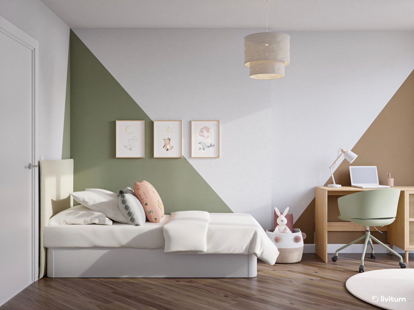 Habitación infantil con detalles en verde, rosa y marrón