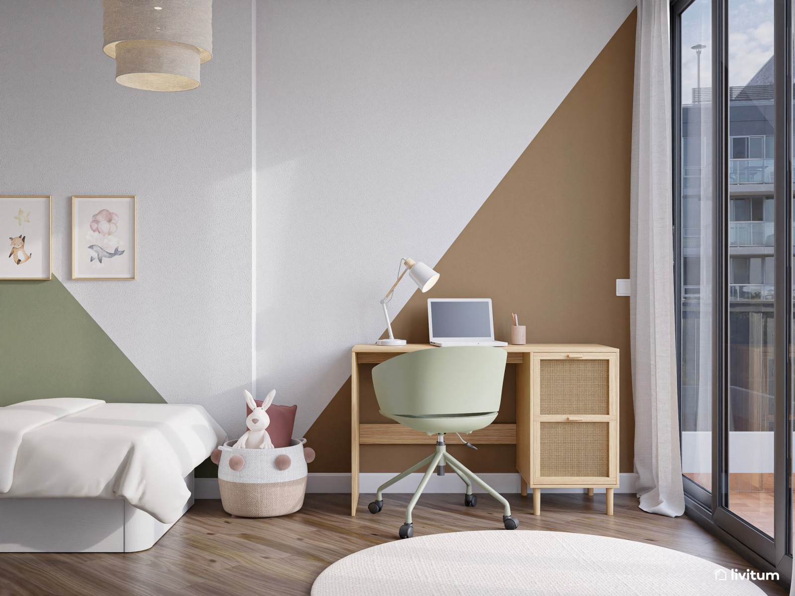 Habitación infantil con detalles en verde, rosa y marrón
