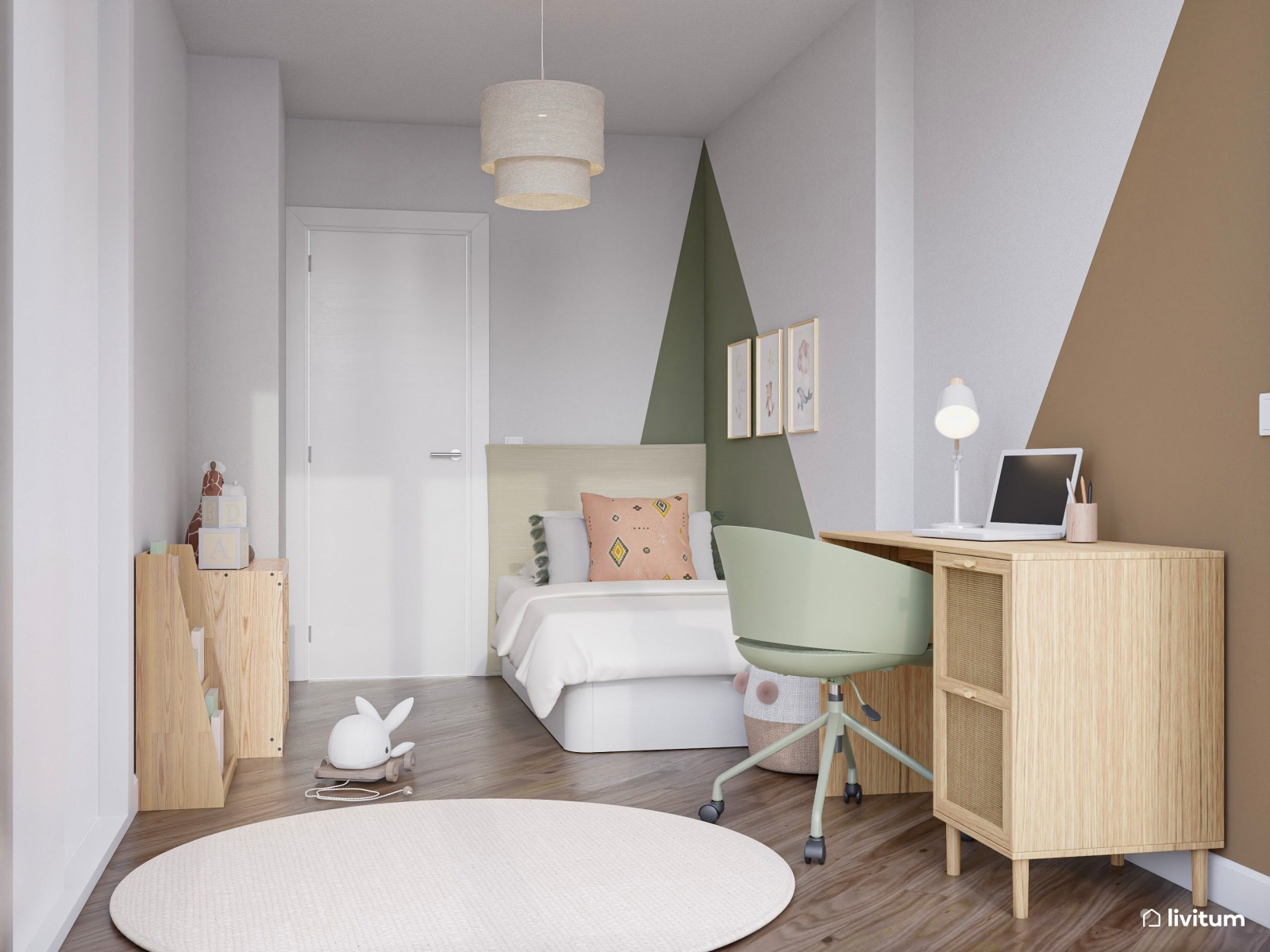 Habitación infantil con detalles en verde, rosa y marrón