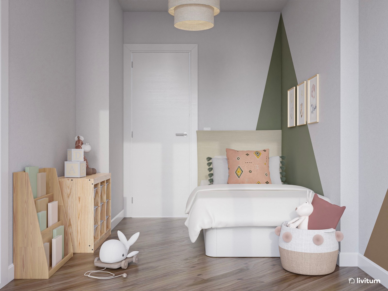Habitación infantil con detalles en verde, rosa y marrón